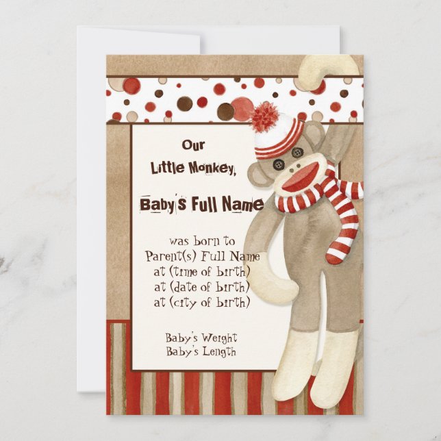 Sock Monkey, Boy Birth Announcement (Front)