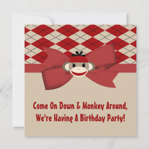 Sock Monkey Boy Gingham Birthday Party Invitation