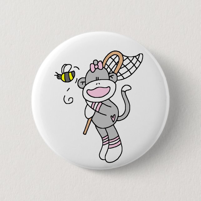 Sock Monkey Catching Bugs 6 Cm Round Badge (Front)