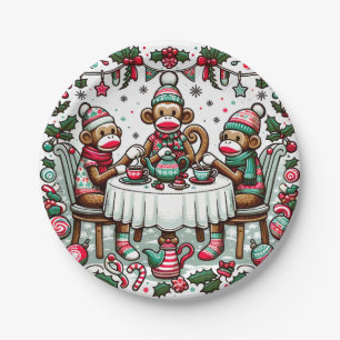 Sock Monkey Christmas Tea Party Paper Plate