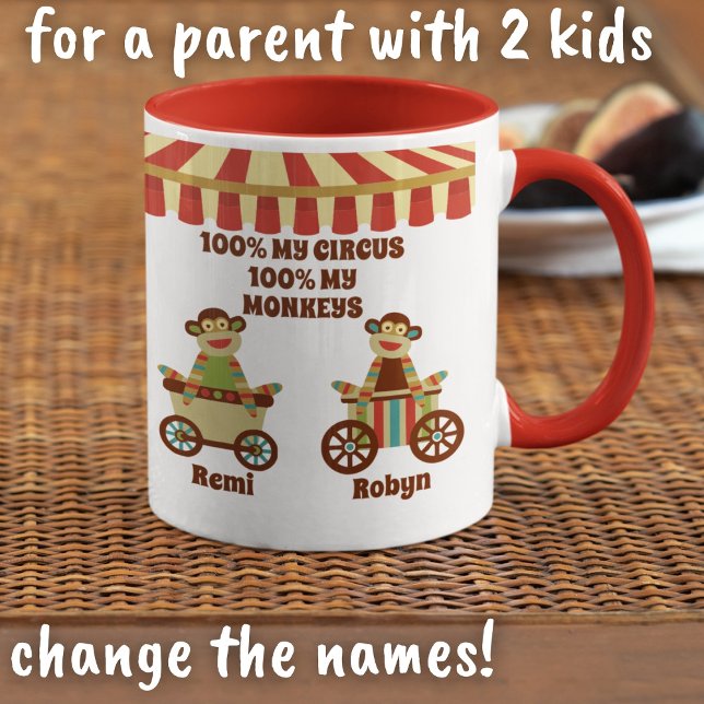Sock Monkey Circus 2 Kids Names Parent Gift Mug (Creator Uploaded)