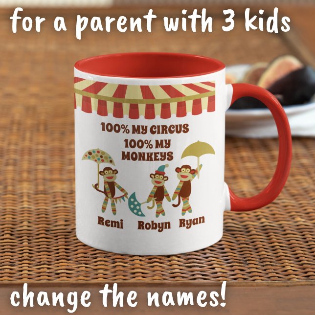 Sock Monkey Circus 3 Kids Names Parent Gift Mug (Creator Uploaded)