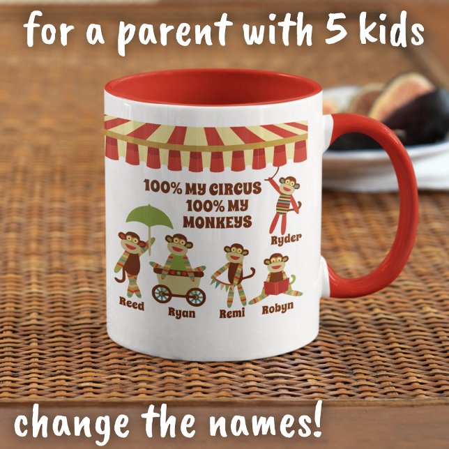 Sock Monkey Circus 5 Kids Names Parent Gift Mug (Creator Uploaded)