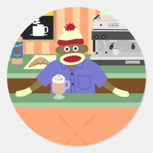 Sock Monkey Coffee Shop Barista Classic Round Sticker