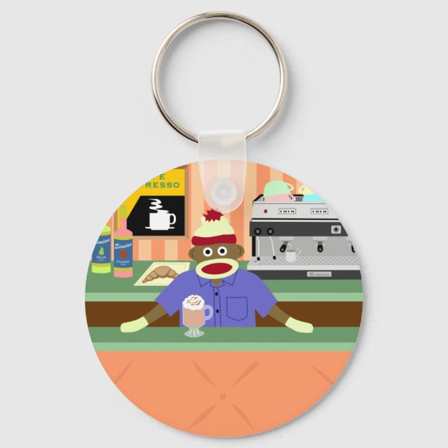 Sock Monkey Coffee Shop Barista Key Ring (Front)