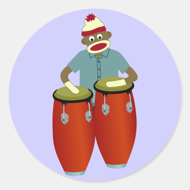 Sock Monkey Conga Drums Classic Round Sticker (Front)