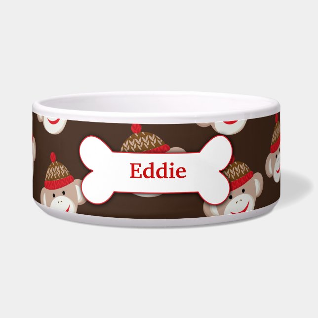 Sock Monkey Custom Pet Dog Food Bowl - Brown (Front)