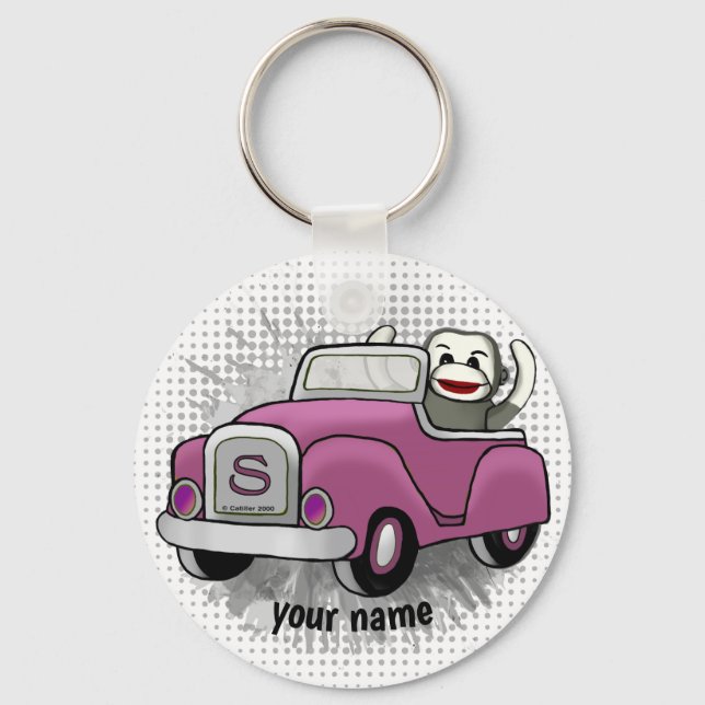 Sock Monkey Driving Car  Key Ring (Front)