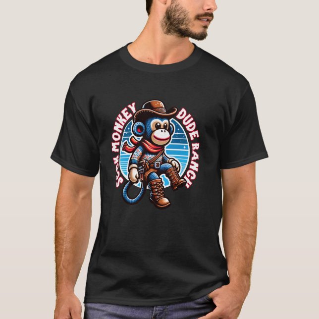 Sock Monkey Dude Ranch Funny Western Sock Monkey T-Shirt (Front)