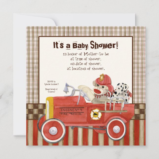 Sock Monkey, Fire Truck Boy Baby Shower Invitation (Front)