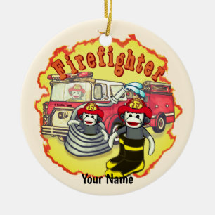 Sock Monkey  Firetruck Firefighter  Ceramic Tree Decoration