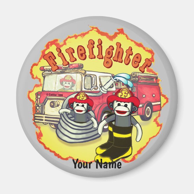Sock Monkey Firetruck Firefighter  Magnet (Front)