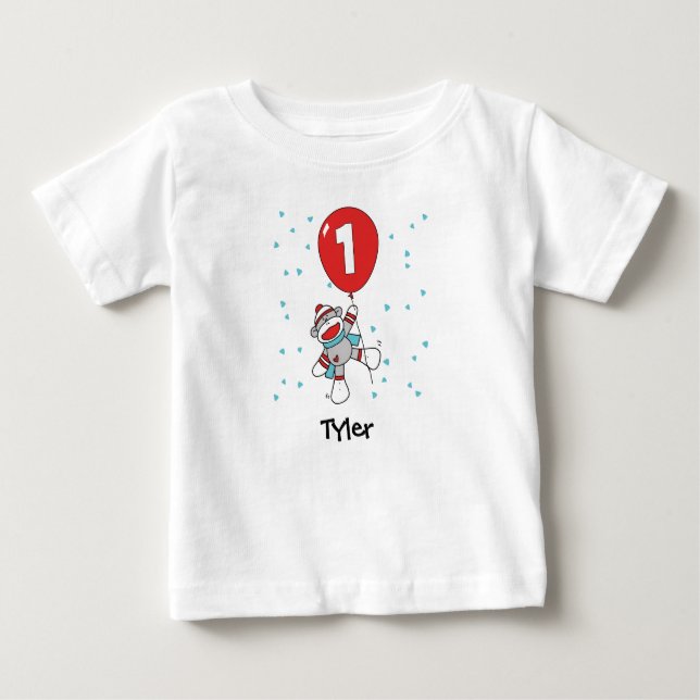 Sock Monkey First Birthday Baby T-Shirt (Front)