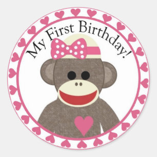 Sock Monkey Girl Birthday Sticker