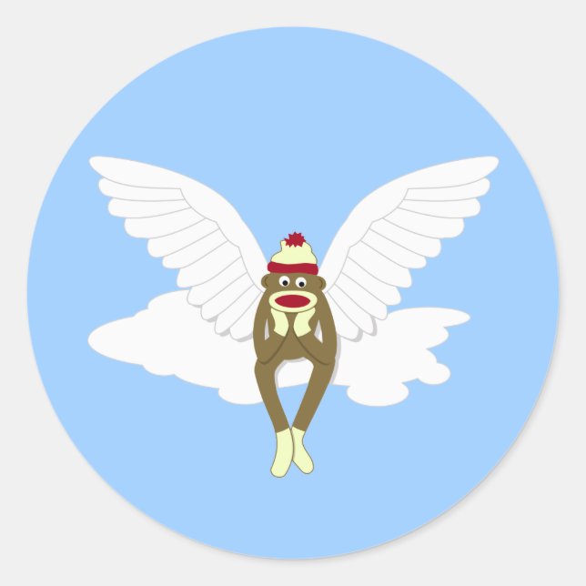 Sock Monkey Guardian Angel Classic Round Sticker (Front)