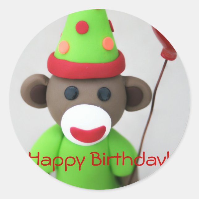 Sock Monkey Happy Birthday with Red Balloon Classic Round Sticker (Front)