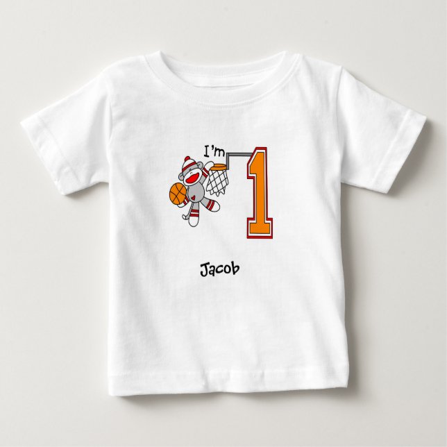 Sock Monkey Hoops 1st Birthday Baby T-Shirt (Front)