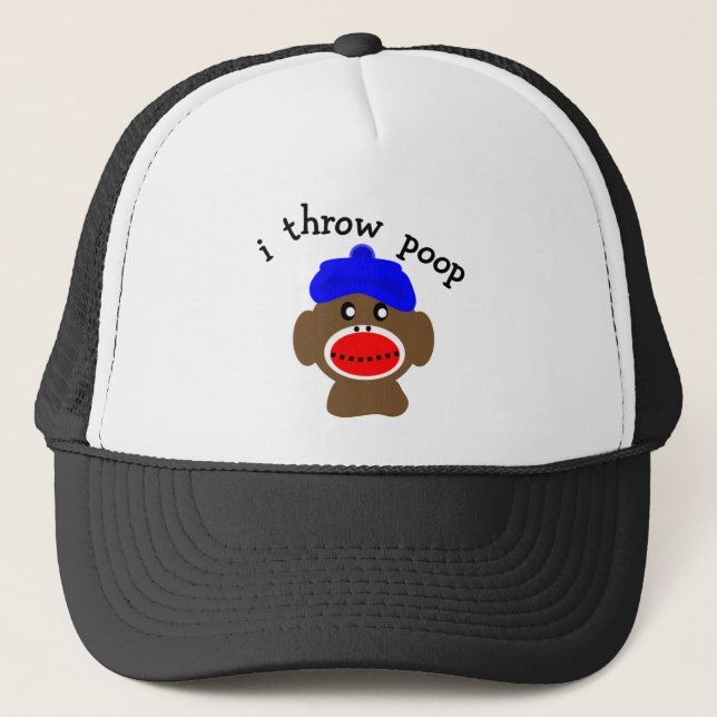 Sock Monkey "I THROW POOP" Trucker Hat (Front)