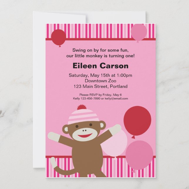 Sock Monkey Invitation - Pink (Front)