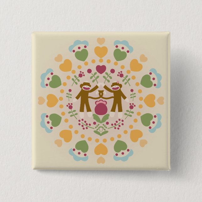 Sock Monkey Lovers in a Folk Garden 15 Cm Square Badge (Front)