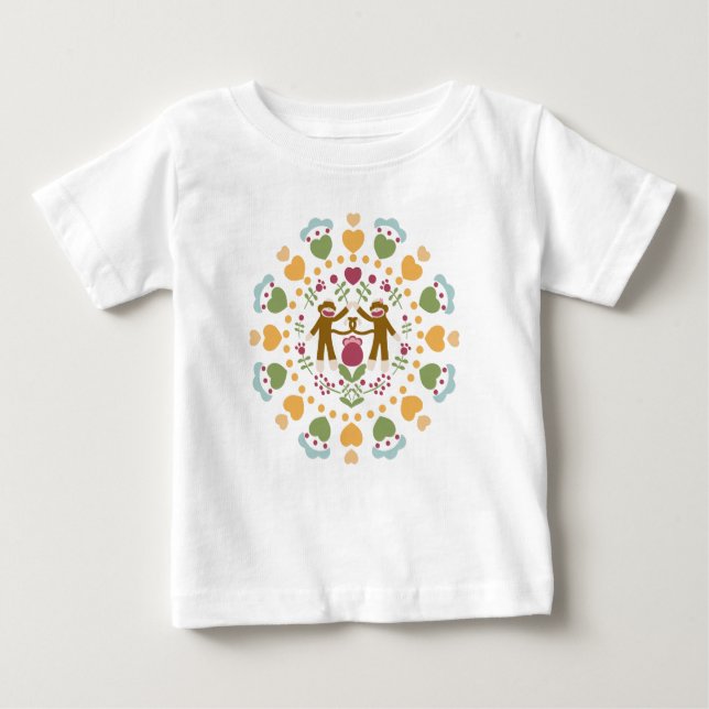 Sock Monkey Lovers in a Folk Garden Baby T-Shirt (Front)