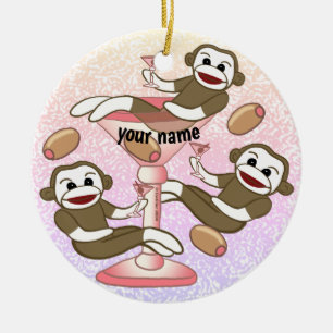 Sock Monkey Martini  Ceramic Tree Decoration