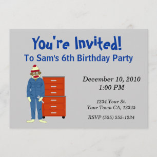 Sock Monkey Mechanic Party Invitations