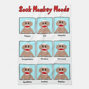 Sock Monkey Moods Tea Towel