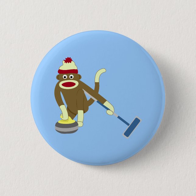 Sock Monkey Olympic Curling 6 Cm Round Badge (Front)