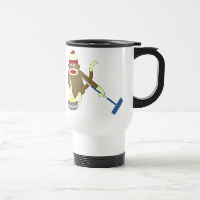 Sock Monkey Olympic Curling Travel Mug (Right)