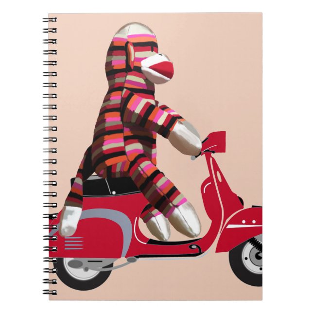 Sock Monkey on Red Moped Spiral Notebook (Front)