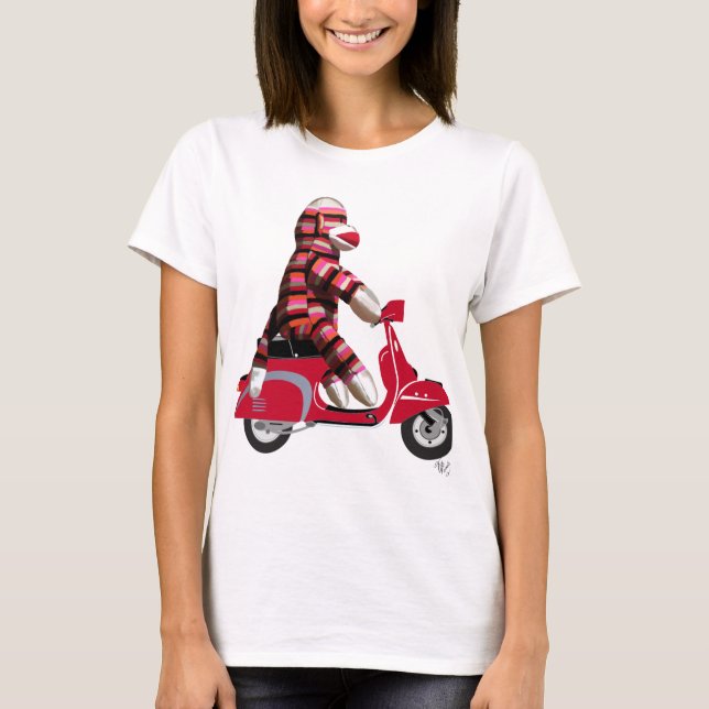 Sock Monkey on Red Moped T-Shirt (Front)