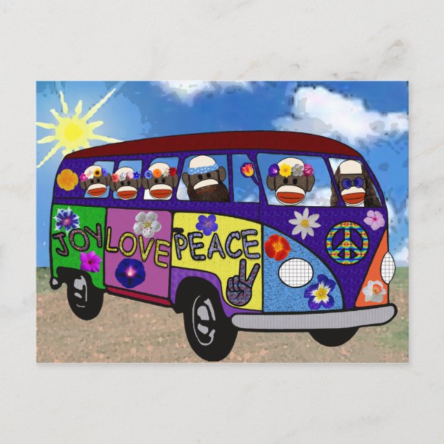 Sock Monkey Peace Bus 2 Postcard (Front)