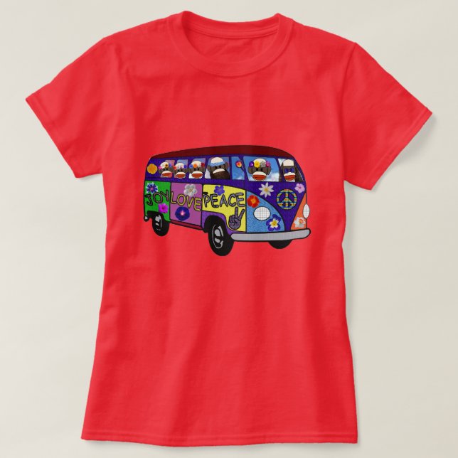 Sock Monkey Peace Bus  T-Shirt (Design Front)