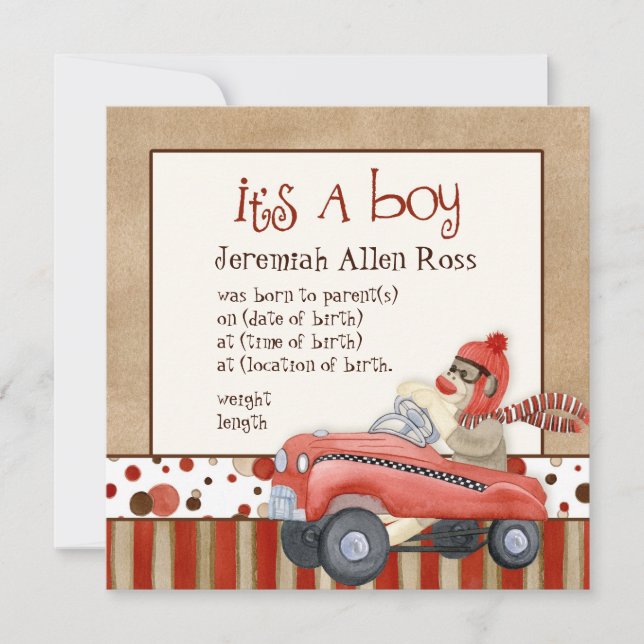 Sock Monkey Pedal Car, Boy Baby Birth Announcement (Front)