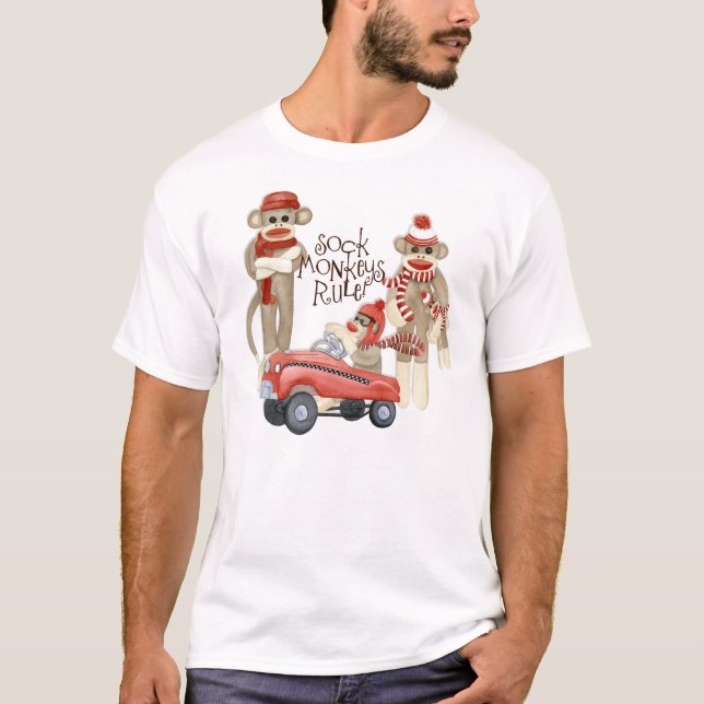 Sock Monkey Pedal Car, Sock Monkeys Rule T Shirt (Front)