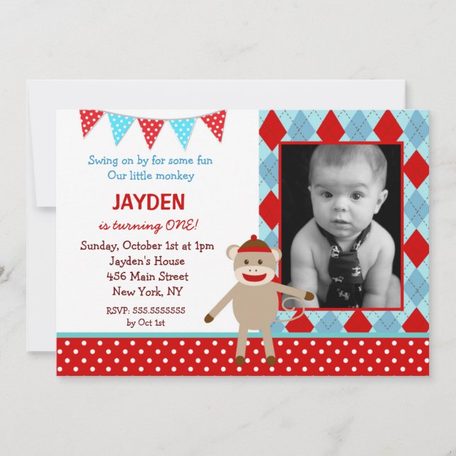 Sock Monkey Photo Birthday Invitations (Front)