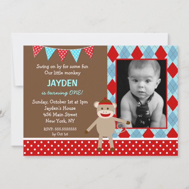Sock Monkey Photo Birthday Party Invitations (Front)