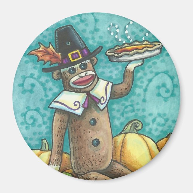 SOCK MONKEY PILGRIM THANKSGIVING DAY MAGNET Round (Front)