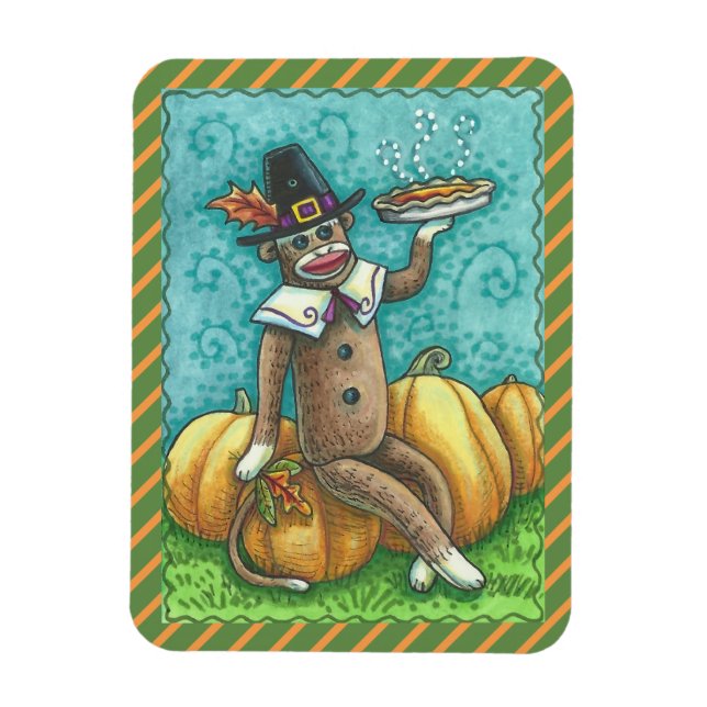 SOCK MONKEY PILGRIM, THANKSGIVING MAGNET Holiday (Vertical)