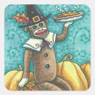 SOCK MONKEY PILGRIM THANKSGIVING STICKER SHEET Squ