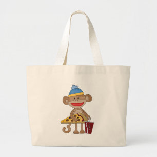 Sock monkey pizza and a soda large tote bag