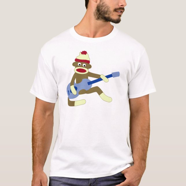 Sock Monkey Playing Blue Guitar T-Shirt (Front)
