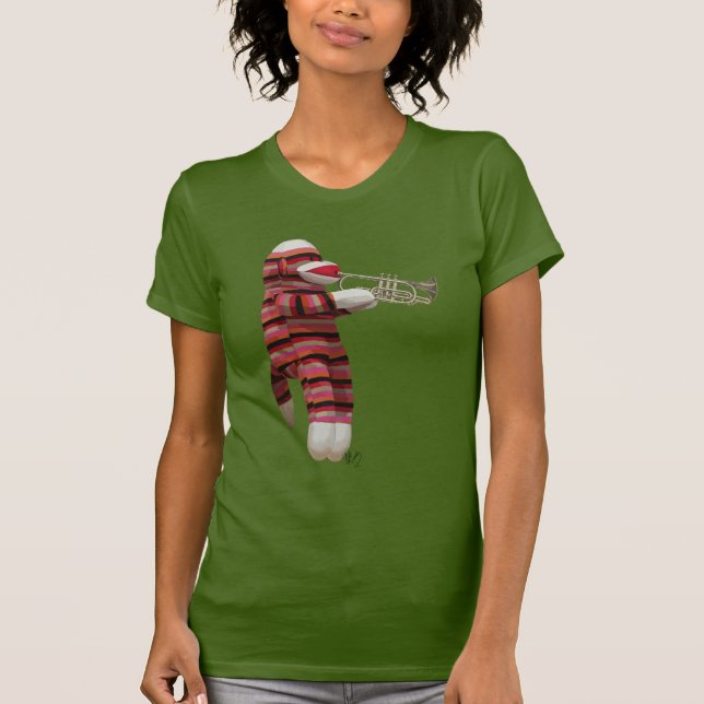 Sock Monkey Playing Trumpet T-Shirt (Front)