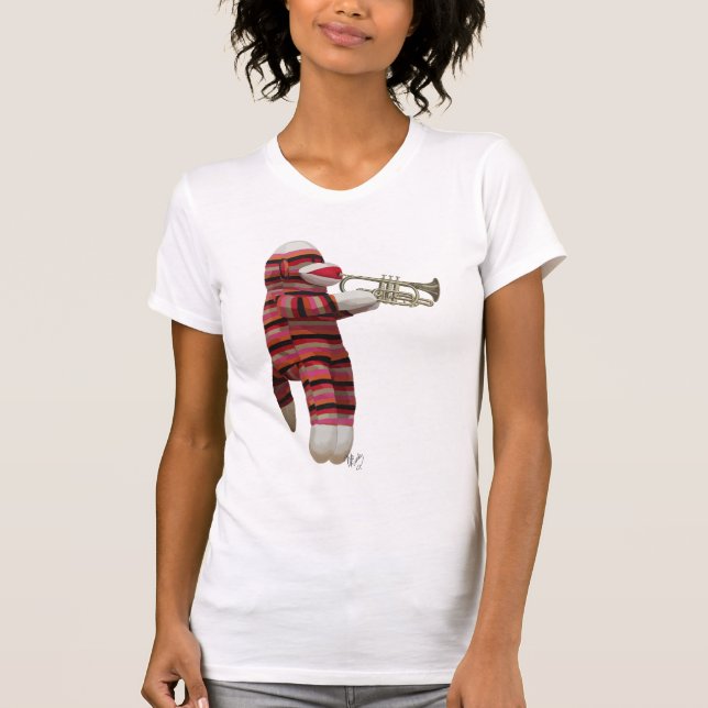Sock Monkey Playing Trumpet T-Shirt (Front)