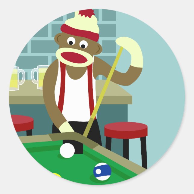 Sock Monkey Pool Billiards Player Classic Round Sticker (Front)