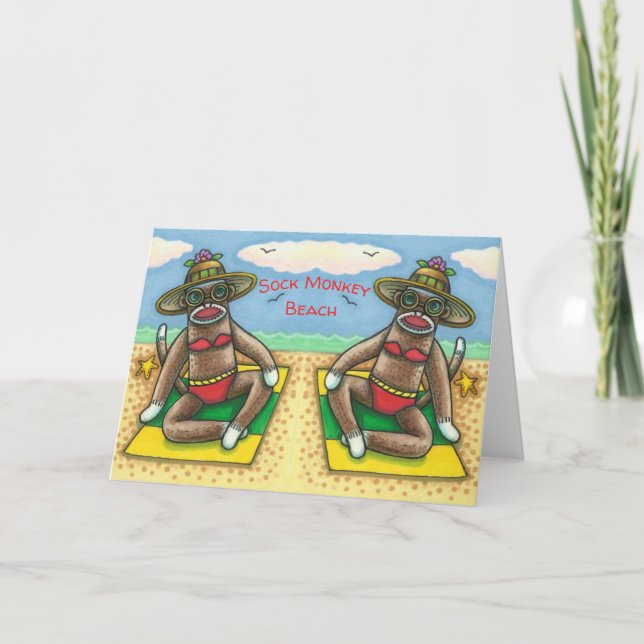 SOCK MONKEY RED BIKINI, AT THE BEACH CARTOON Funny Card (Front)