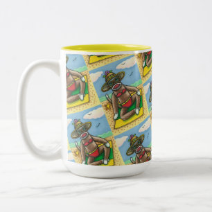 SOCK MONKEY RED BIKINI, AT THE BEACH CARTOON Funny Two-Tone Coffee Mug