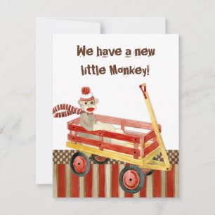 Sock Monkey, Red Wagon, Boy Birth Announcement