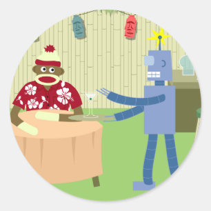 Sock Monkey Robot Waiter Classic Round Sticker